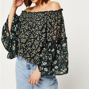 Free People Black Rose Valley Floral Off The Shoulder Cottagecore Peasant Blouse